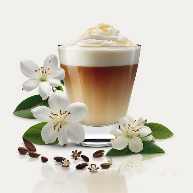 A glass of coffee with a white flower next to it.