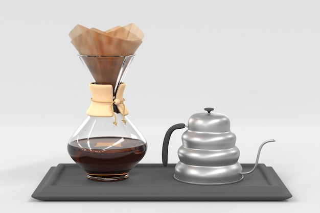 Glass coffeemaker and silver drip kettle on black tray Clear pitcher in shape hourglass with brewed espresso paper filter and wooden holder Alternative way of brewing coffee home or cafe 3d render