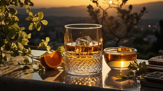 Glass of cognac in a hotel in the background of nature alcoholic concept expensive drink