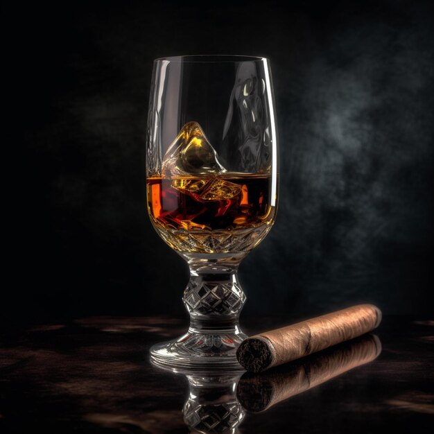 A glass of cognac with a cigar is on a on a black background