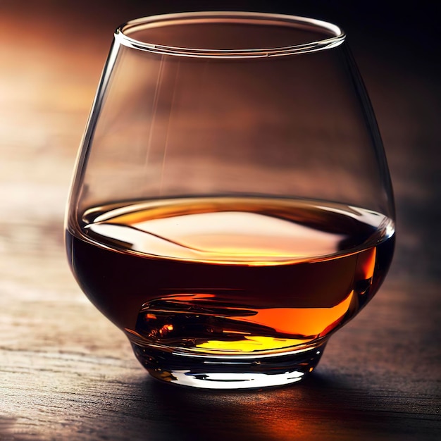 Glass of cognac over wooden surface
