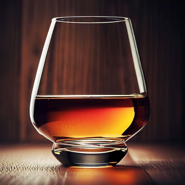 Glass of cognac over wooden surface