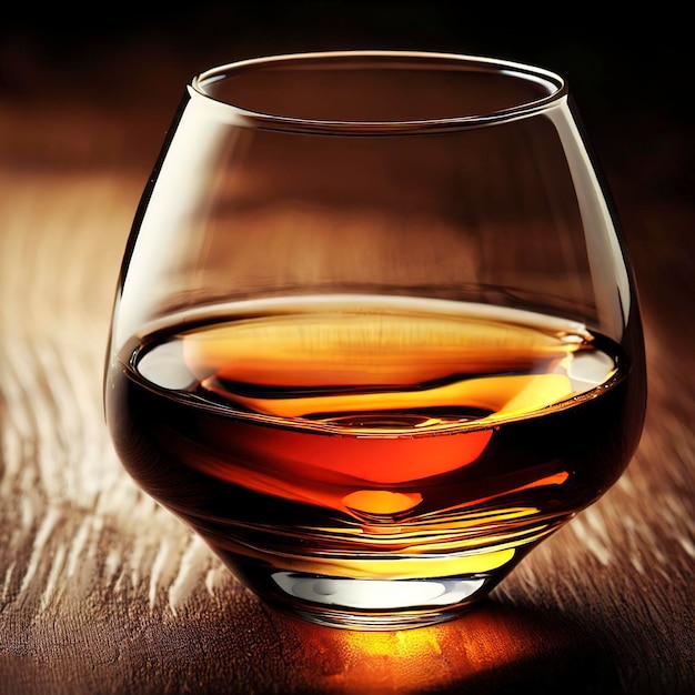 Glass of cognac over wooden surface