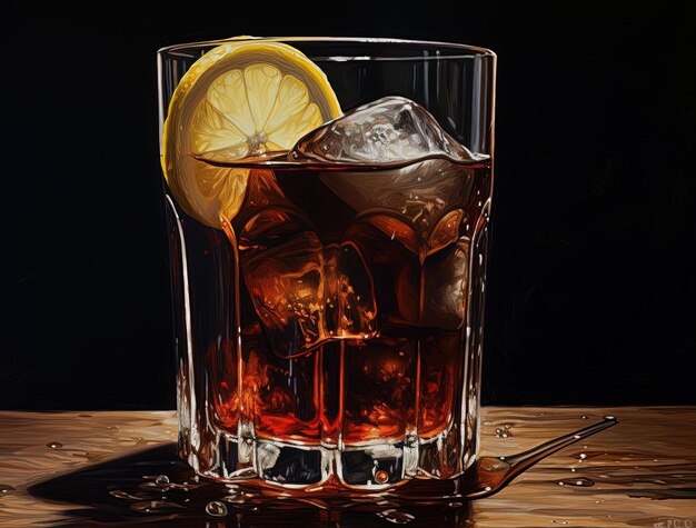 a glass of coke with ice and a slice of lemon in the style of back button focus