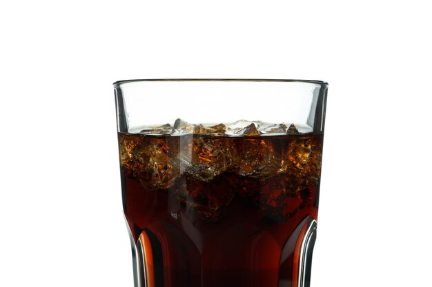 Glass of cola and ice cubes isolated on white surface