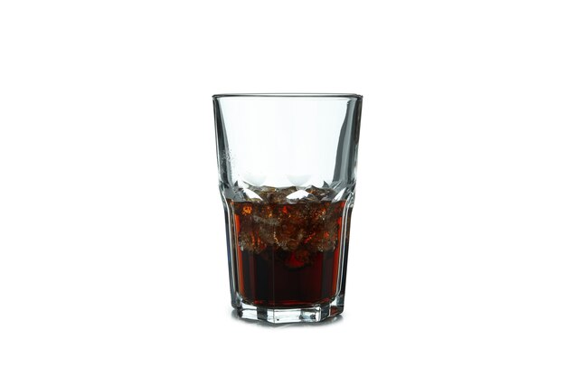 Glass of cola and ice cubes isolated on white surface