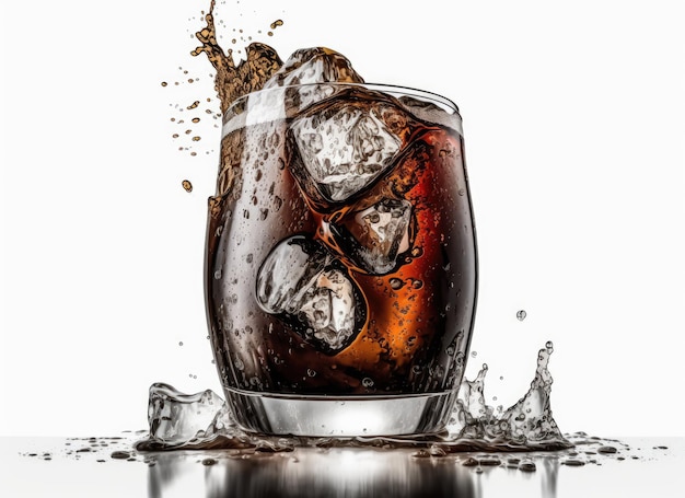 A glass of cola and ice splashing into a glass generative Ai