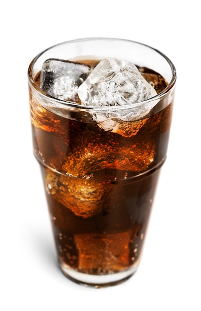 Glass of cola with ice cubes isolated on white background