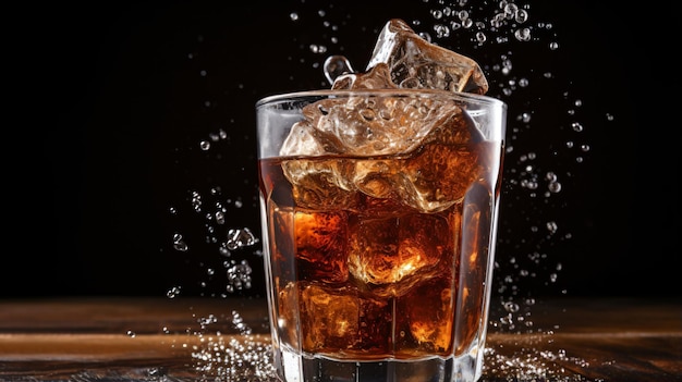 A glass of cola with ice cubes splashing out of it