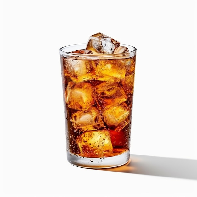 A glass of cola with ice cubes on white background