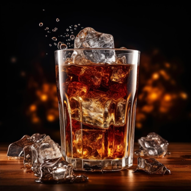 Glass of cola with ice cubes on wooden table against dark background