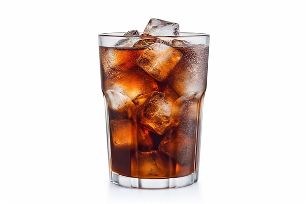 a glass of cola with ice and ice in it.