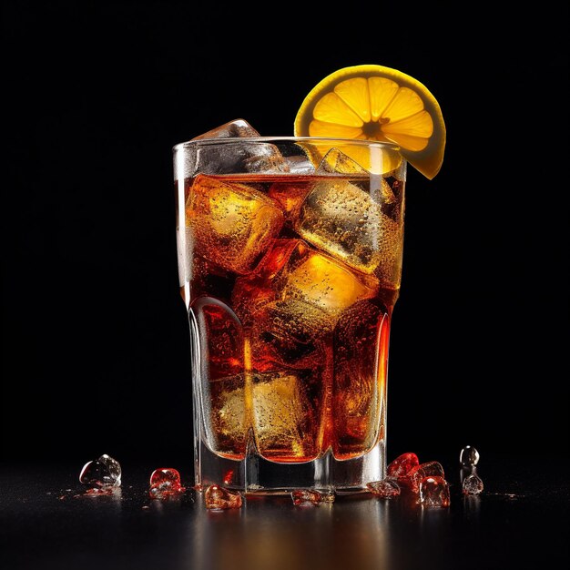 a glass of cola with ice and lemon slices on a black background.