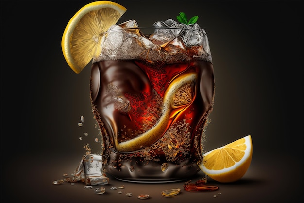 A glass of cola with ice and lemon slices on the bottom