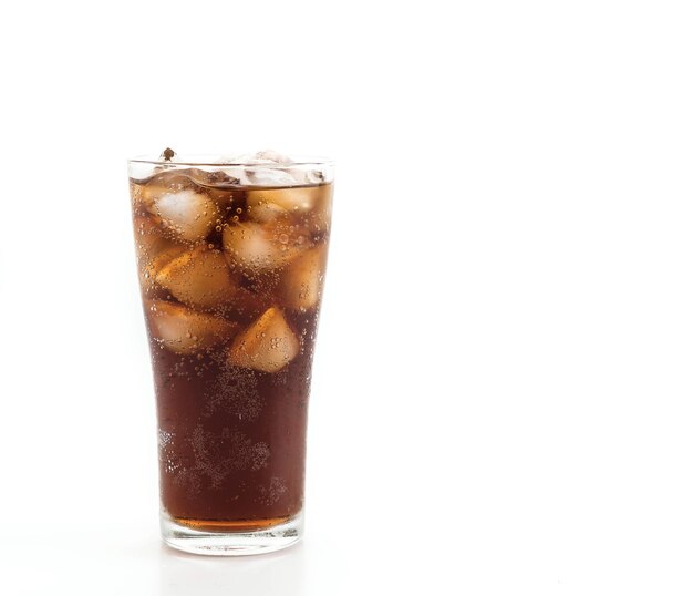 glass of cola with ice on white background