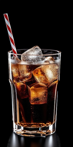 A glass of cola with a red and white striped straw