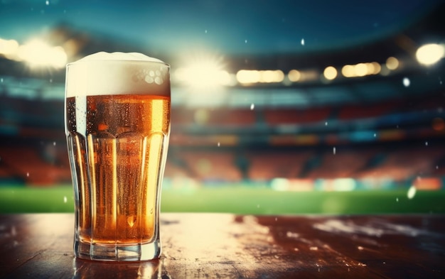 Glass of cold beer perfectly chilled on the soccer football field