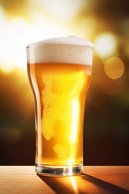 Glass of cold beer with foam pint of original premium beer drink alcohol flavour and holiday celebration idea