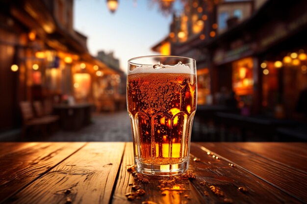 Glass of cold beer on wooden table Generative AI