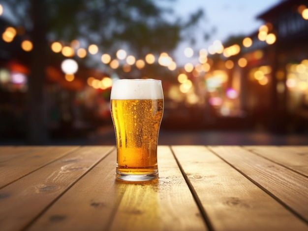 Glass of cold beer on wooden table with blurred background Drinking alcohol outdoors