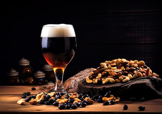 Glass of cold black beer with drops of water and foam nuts empty space in a moody environment