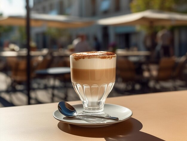 Glass of cold cappuccino with ice The table in the coworking space of the coffee sho Generative AI