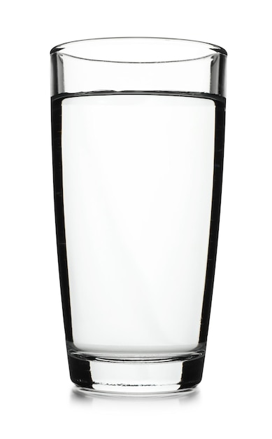 Glass of cold clear water on white background Refreshing drink