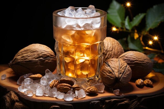 A glass of cold cocktail on a black background