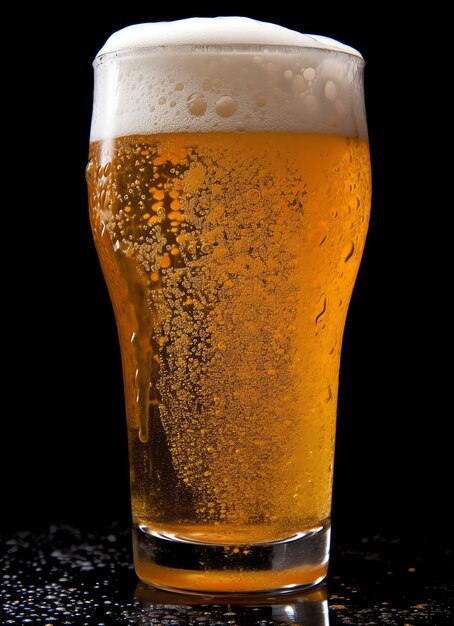 A glass of cold fresh beer with cap of foam splash of foam with tasty american beer beer day