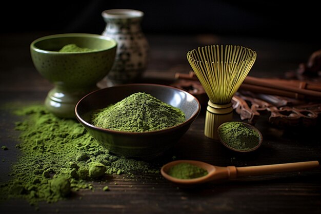 Photo glass of cold green tea matcha drink