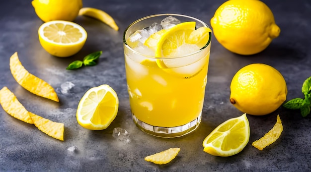 冷たいレモンのジュースのグラス