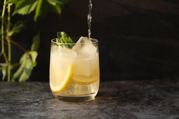 Glass of cold lemonade with lemon and mint