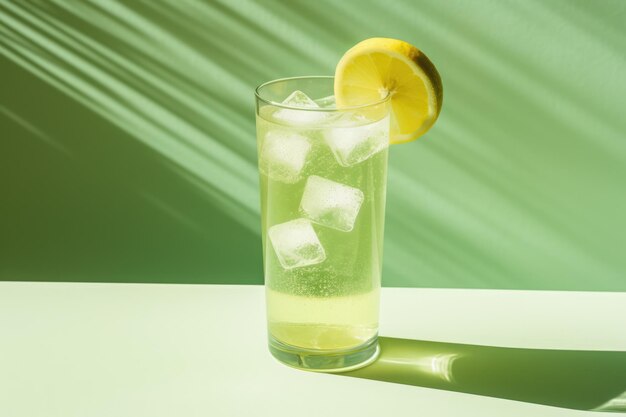 Glass of cold lemonade with lemon slice on green background created using generative ai technology