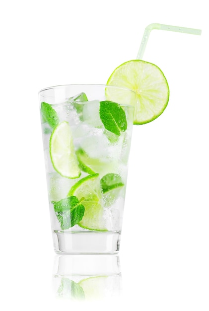 glass of cold lemonade with straw isolated on white