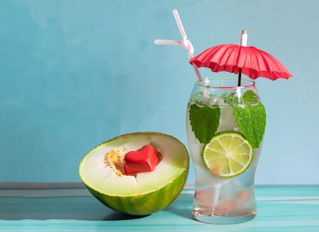 Glass of cold lime water with umbrella