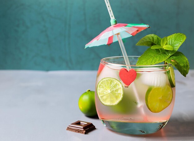 Glass of cold lime water with umbrella