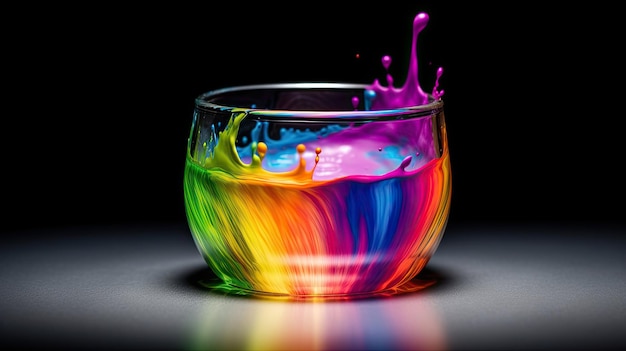 A glass of color with a rainbow on it