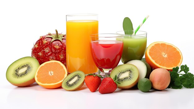 과일과 채소로 만든 다채로운 건강한 신선한 음료의 컵 컵 주변에 다채로운 신선한 과일의 배열