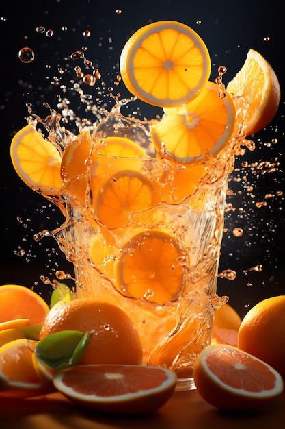 a glass container of oranges with oranges and bananas