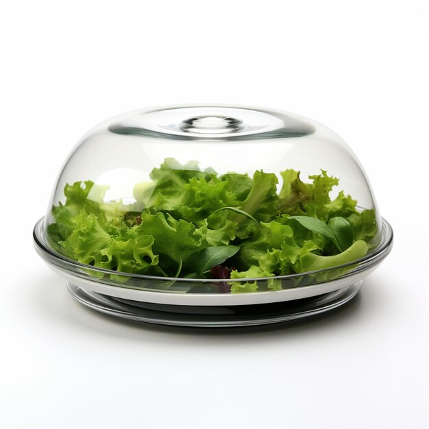 a glass container with a bunch of green lettuce