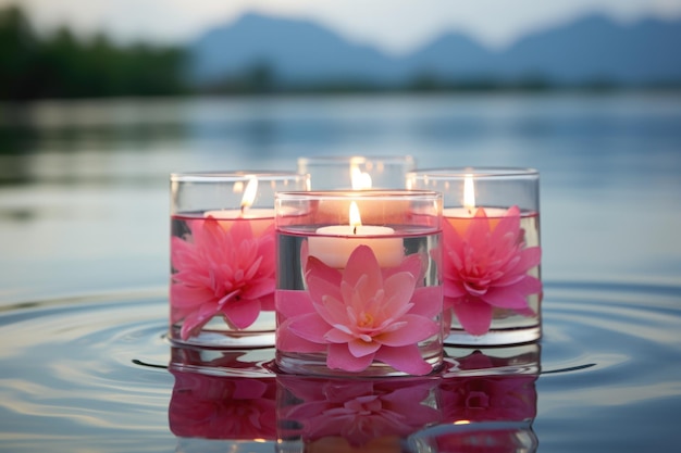 Glass container with floating lotus candles on calm water