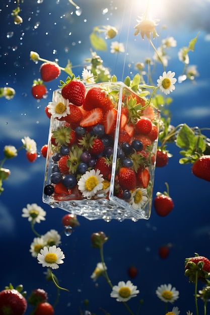 стеклянный контейнер со свежими ягодами и цветами