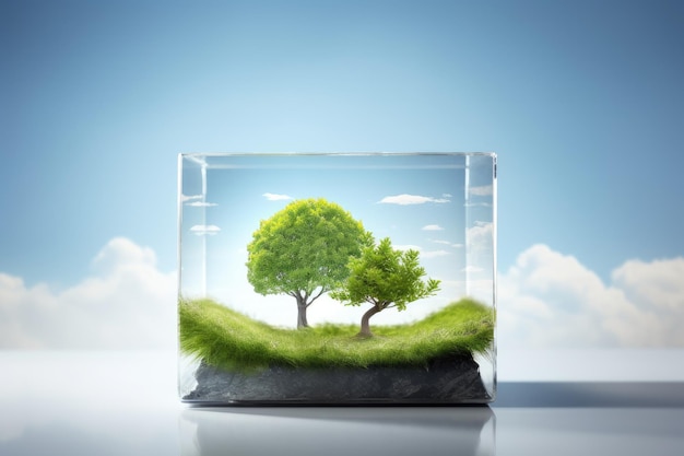 a glass container with grass and trees inside