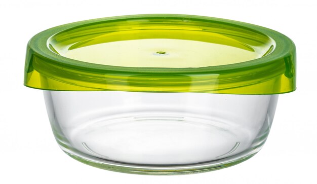 Glass container with lid isolated on white surface