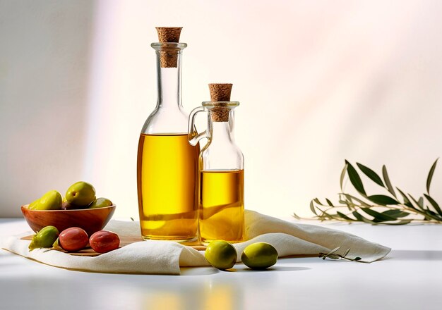 Glass container with olive oil on light table with branches and olives ai generated