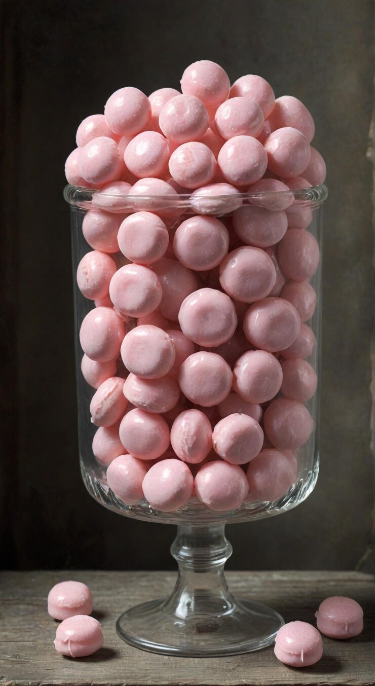 Photo a glass container with pink and white candies inside of it