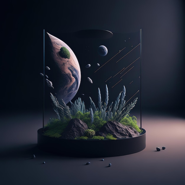 A glass container with a planet and a planet in it.