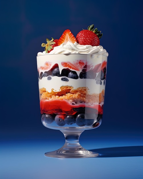 a glass container with strawberries and cream on it