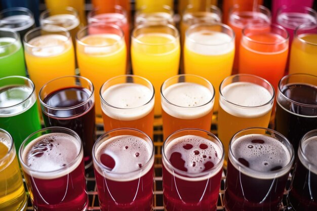 Photo glass containers filled with different brightly colored ipas