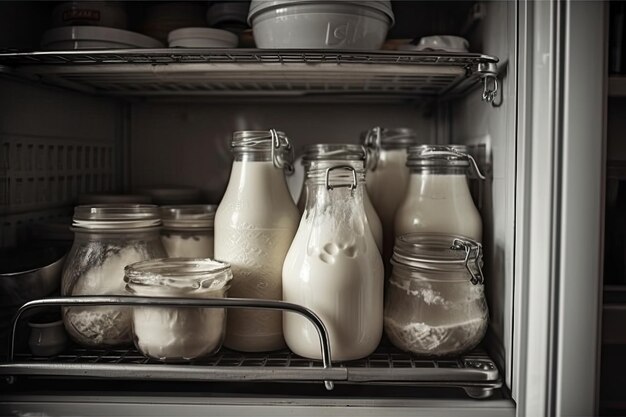 Glass containers with homemade dairy products in the refrigerator Generative AI